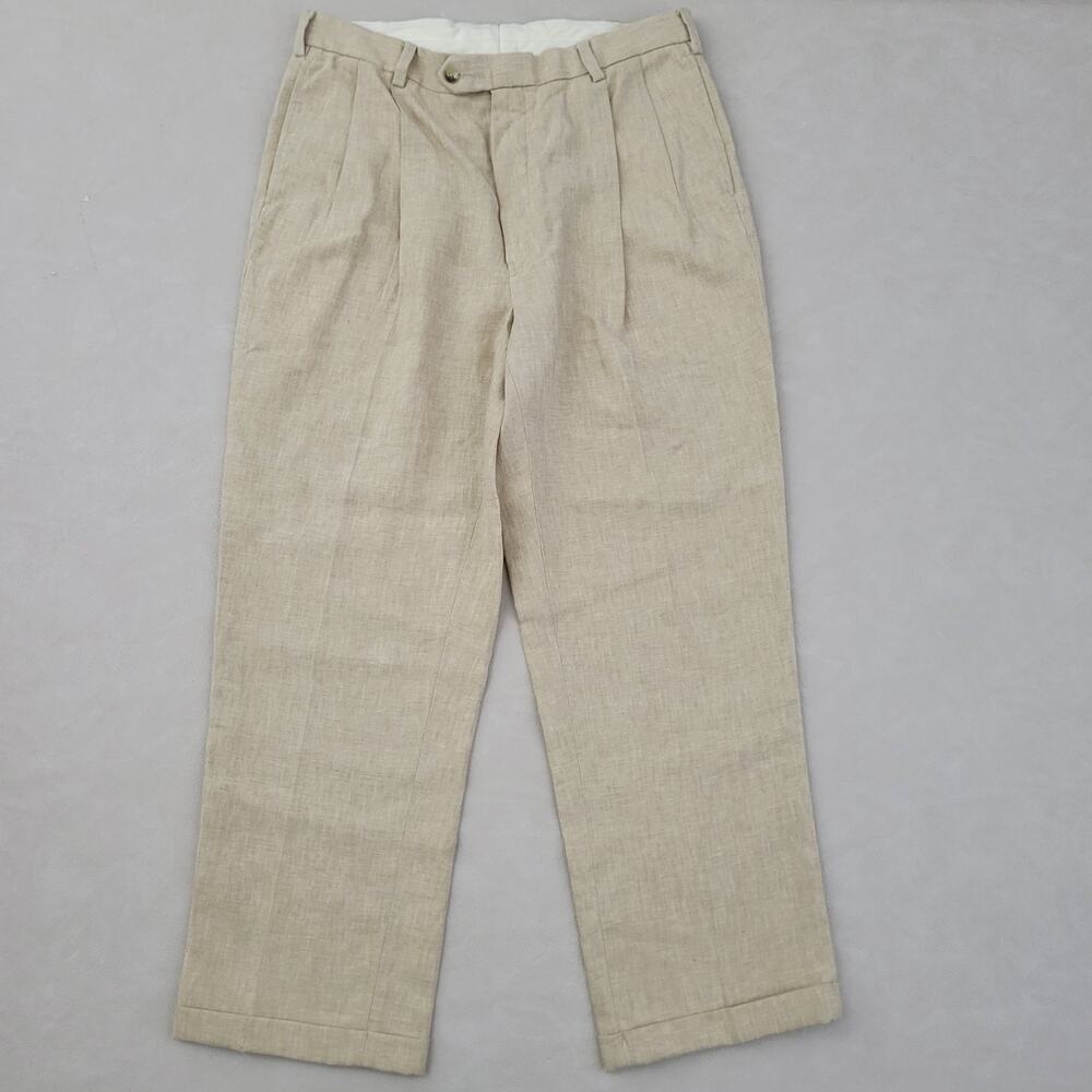 Vintage Jos A Bank Pants Mens 36x30 Linen Cuff Pleated Loose Fit - Picture 2 of 13